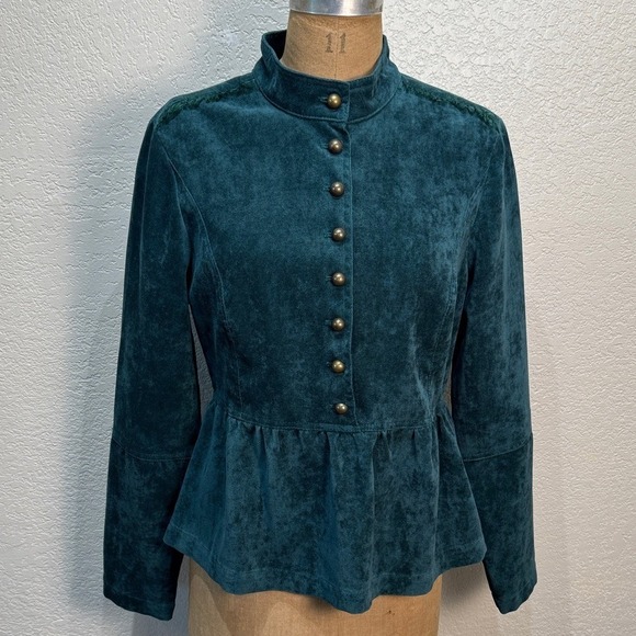 Live a Little Tops - Live A Little Women's Small Teal‎ Suede Ruffle Gold Long Sleeve Button-Up Top